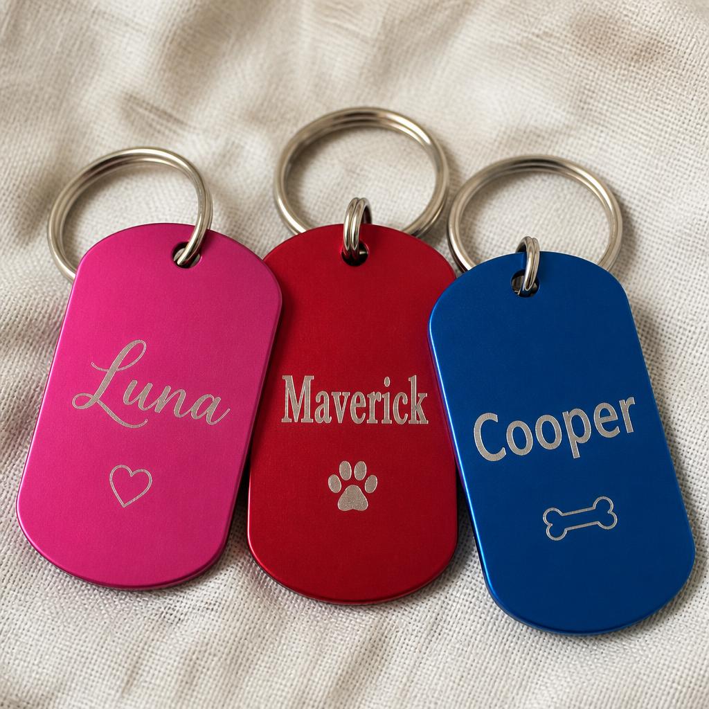Close-up of hot pink, red, and blue anodized aluminum engraved keychains with names engraved as sanded bare aluminum — on cream linen