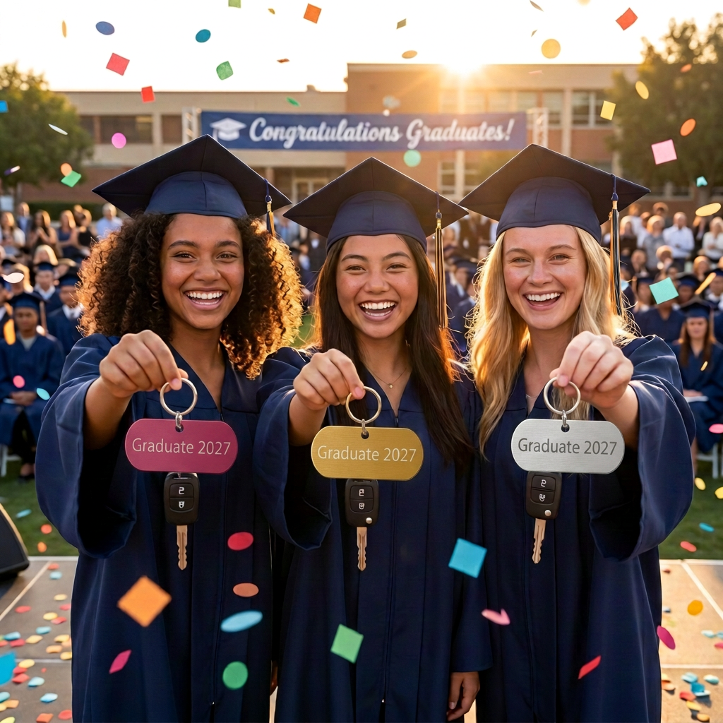 Three girls celebrating at graduation in caps and gowns holding up their keys with pink, gold, and silver engraved keychains personalized with Graduate 2027