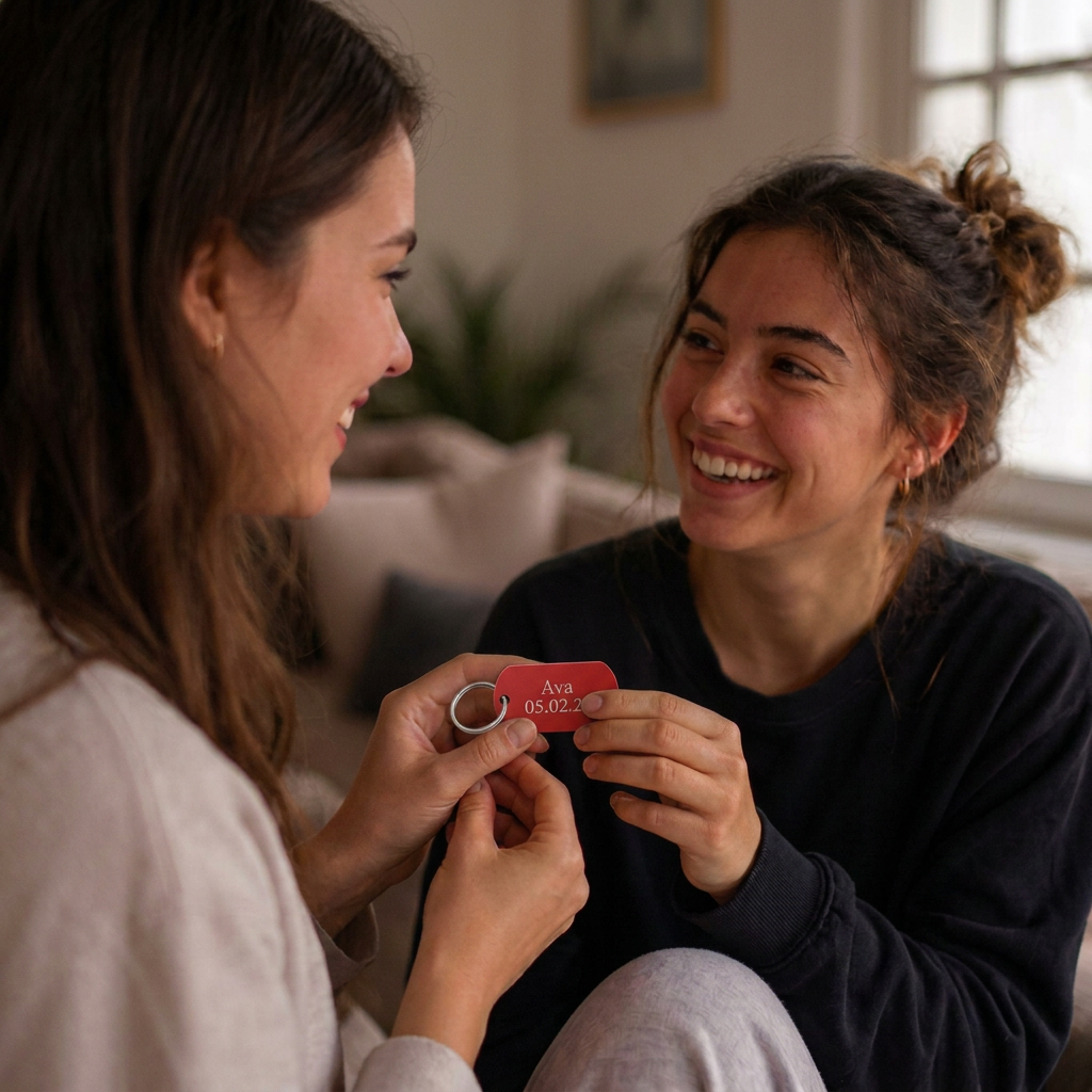 One friend gifting another a red engraved keychain personalized with Ava and 08.02.26, both laughing in warm window light