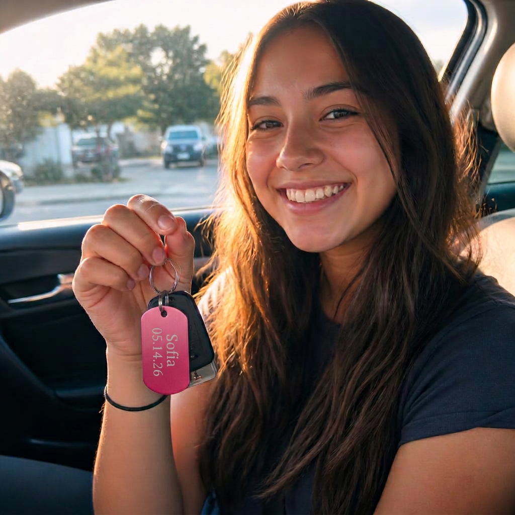 Smiling new teenage driver in her car holding car keys with a hot pink engraved keychain personalized with the name Sofia and the date 05.14.26