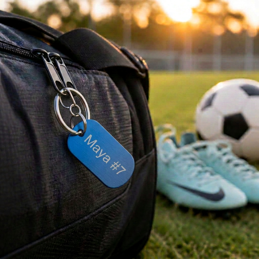 Blue engraved keychain personalized with Maya and #7 2026 clipped to a soccer duffel bag beside cleats and a ball at golden hour