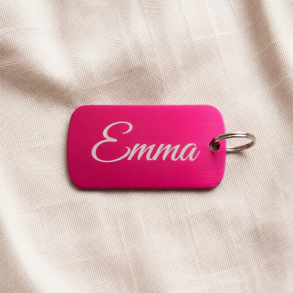 Hot Pink anodized aluminum laser-engraved keychain with the name Emma in script — the engraving reveals bare sanded aluminum — on cream linen